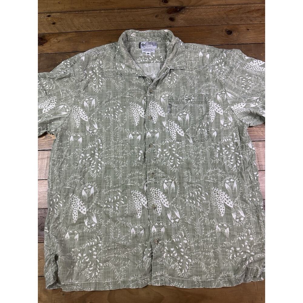 Columbia Mens XL Green Floral Hawaiian Shirt Cotton Viscose Linen